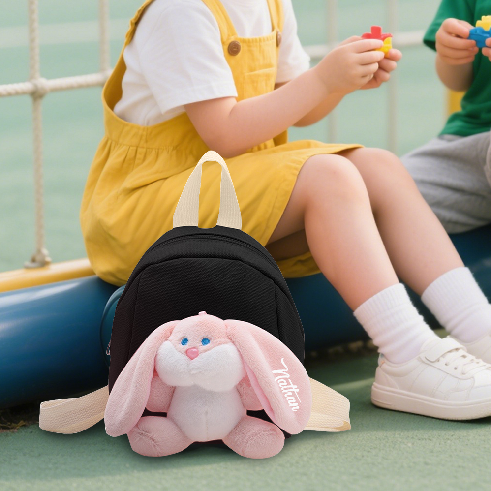 Mochilas escolares para los niños con un peluche de conejito 1 nombre bordado personalizado | Jessemade