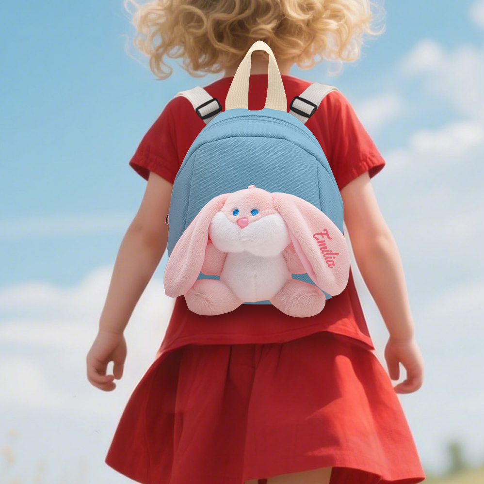 Mochilas escolares para los niños con un peluche de conejito 1 nombre bordado personalizado | Jessemade