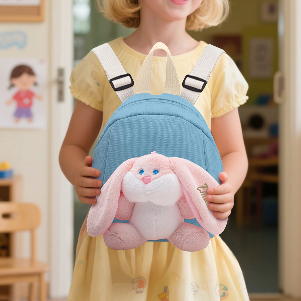 Mochilas escolares para los niños con un peluche de conejito 1 nombre bordado personalizado | Jessemade