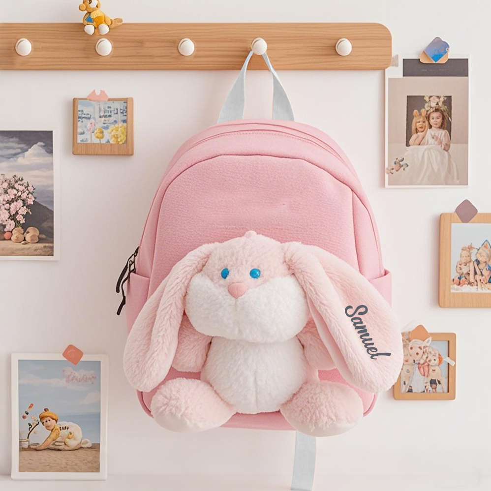 Mochila Escolar con Peluche de Conejito y Nombre Bordado Personalizado | Vuelta a la Escuela | Jessemade ES