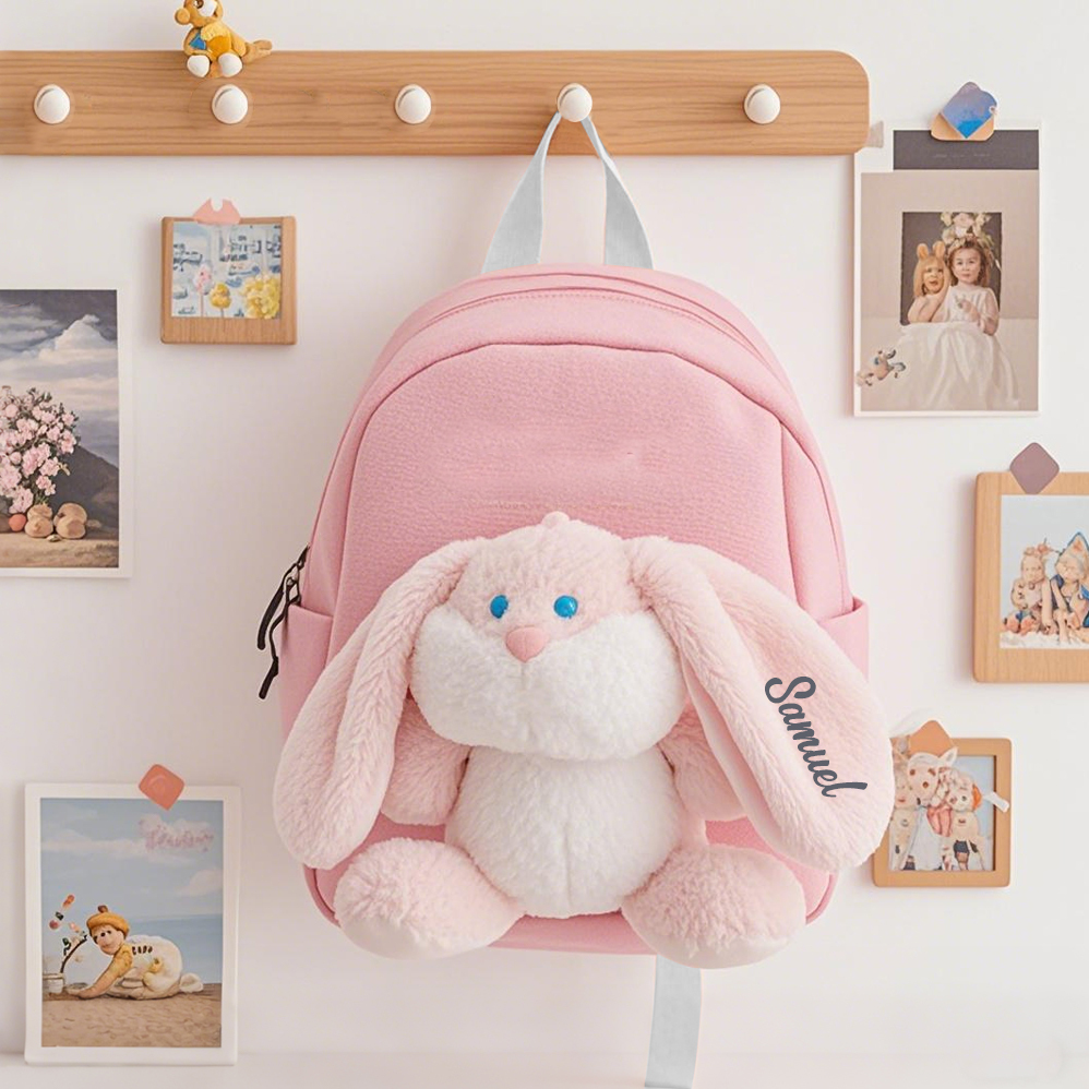 Mochila Escolar con Peluche de Conejito y Nombre Bordado Personalizado | Vuelta a la Escuela | Jessemade ES