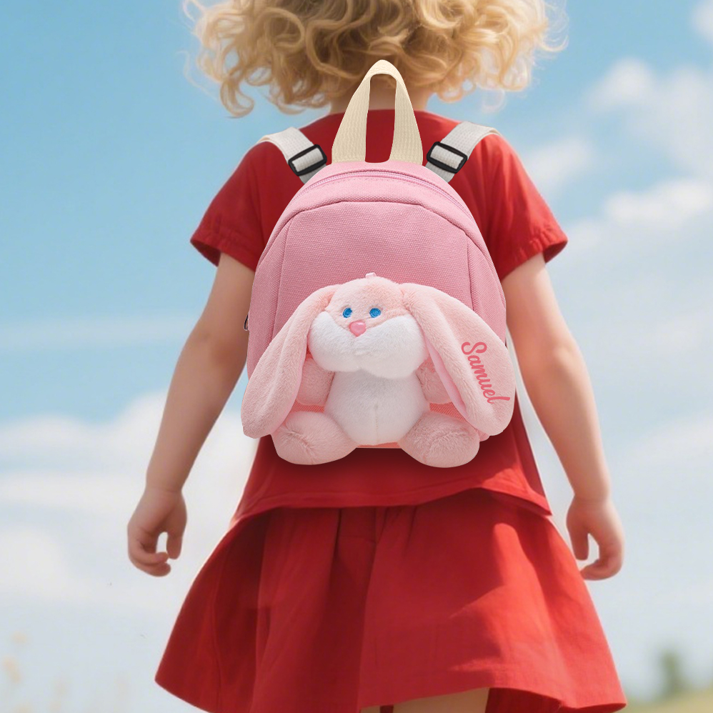 Mochilas escolares para los niños con un peluche de conejito 1 nombre bordado personalizado | Jessemade