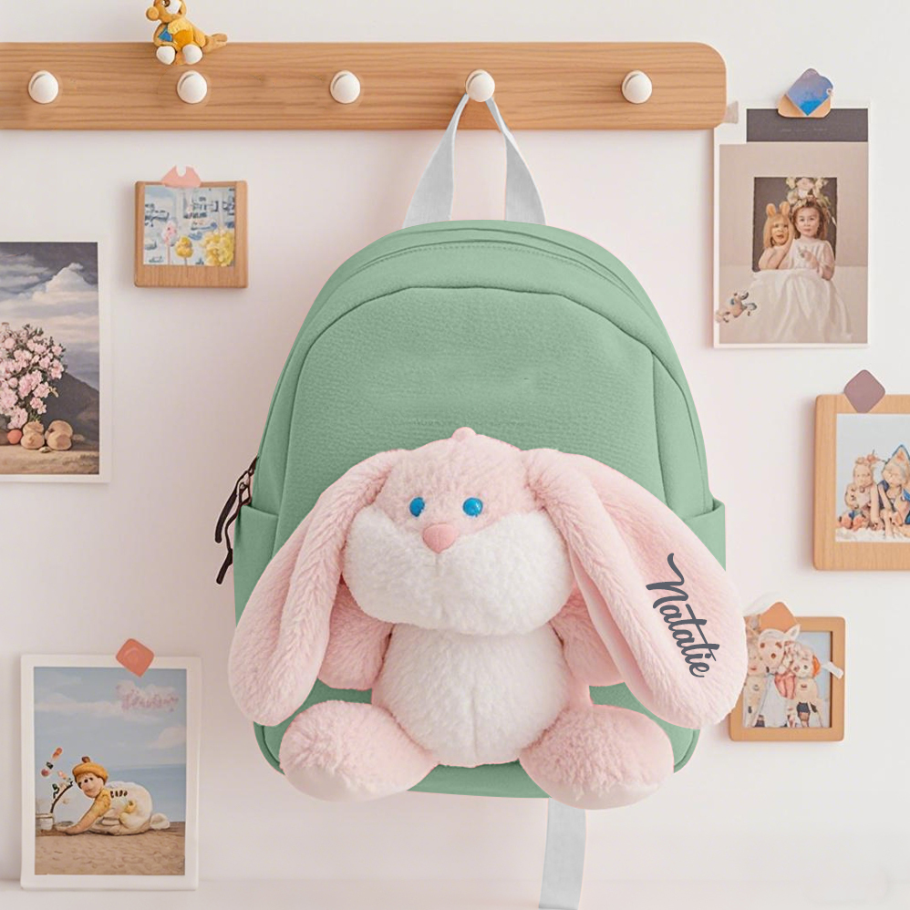 Mochilas escolares para los niños con un peluche de conejito 1 nombre bordado personalizado | Jessemade