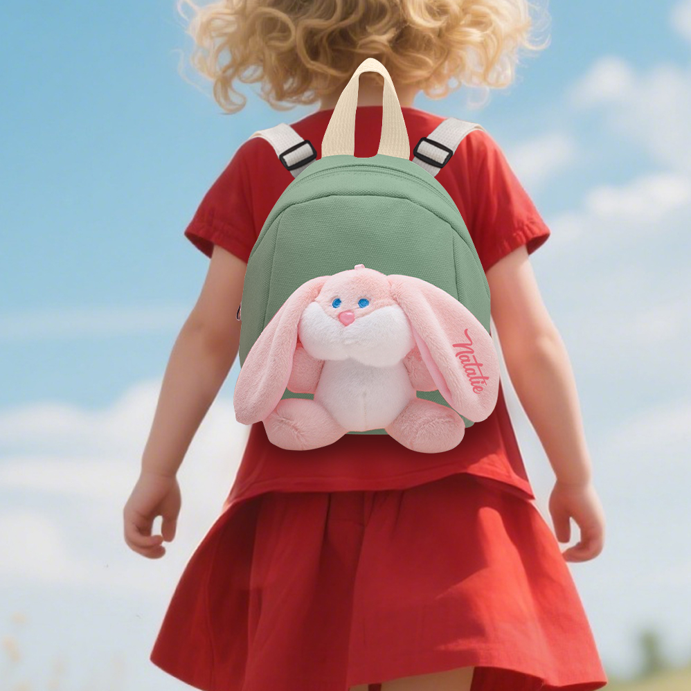 Mochilas escolares para los niños con un peluche de conejito 1 nombre bordado personalizado | Jessemade