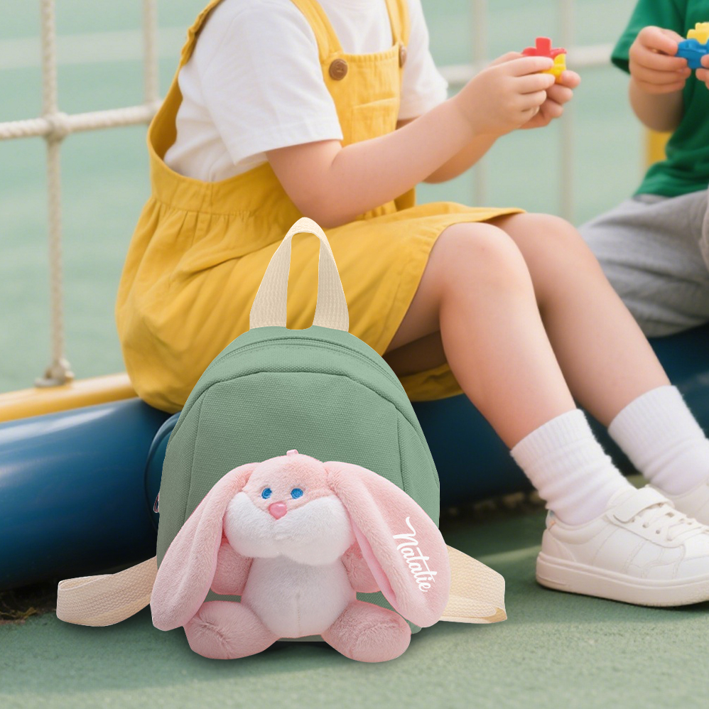 Mochilas escolares para los niños con un peluche de conejito 1 nombre bordado personalizado | Jessemade