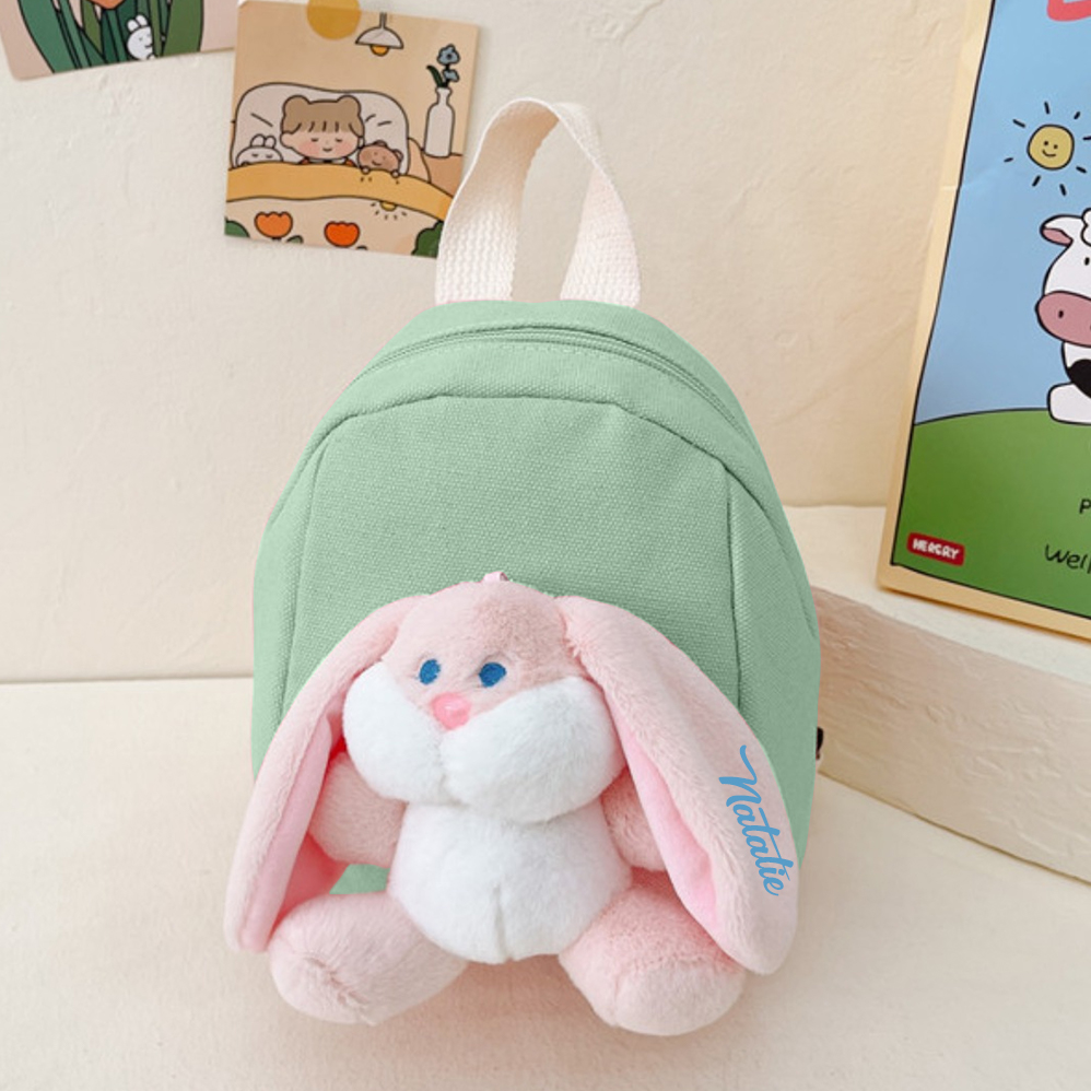 Mochilas escolares para los niños con un peluche de conejito 1 nombre bordado personalizado | Jessemade