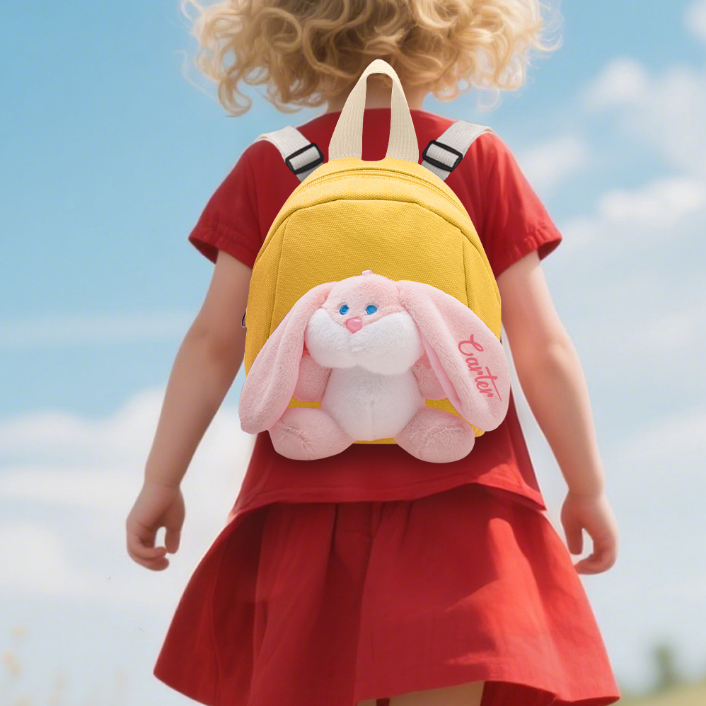 Mochilas escolares para los niños con un peluche de conejito 1 nombre bordado personalizado | Jessemade