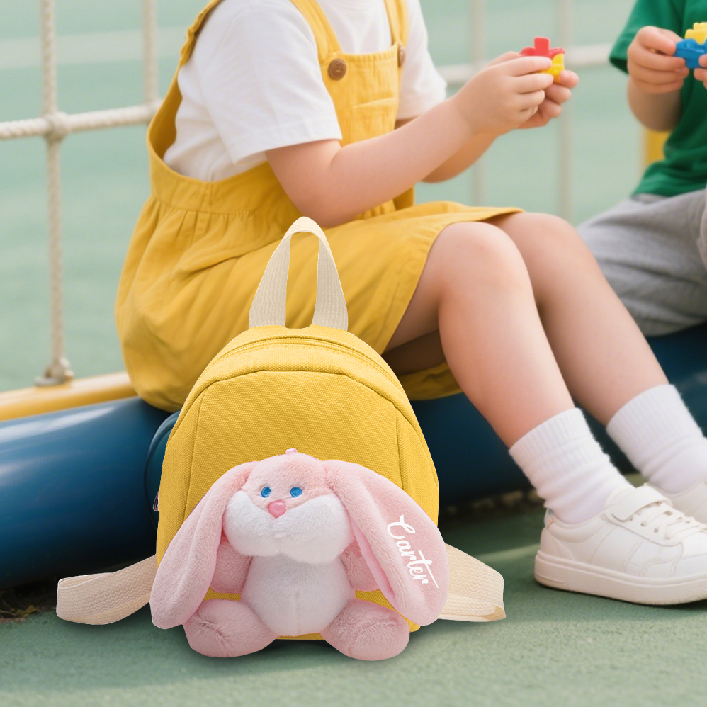 Mochilas escolares para los niños con un peluche de conejito 1 nombre bordado personalizado | Jessemade