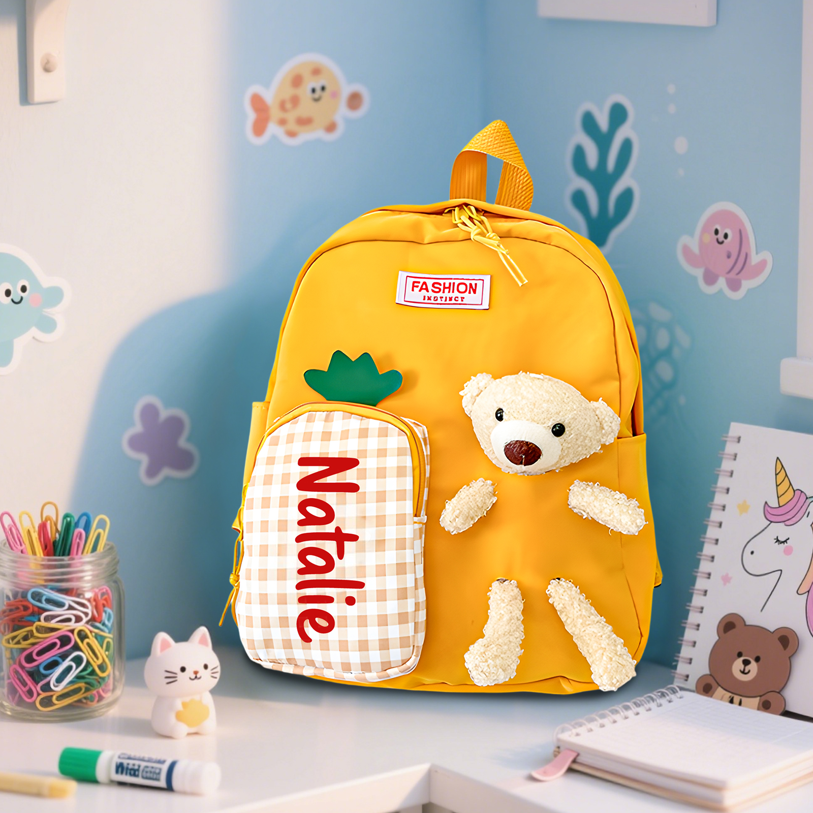 Mochilas escolares para los niños con un peluche de oso 1 nombre personalizado | Jessemade