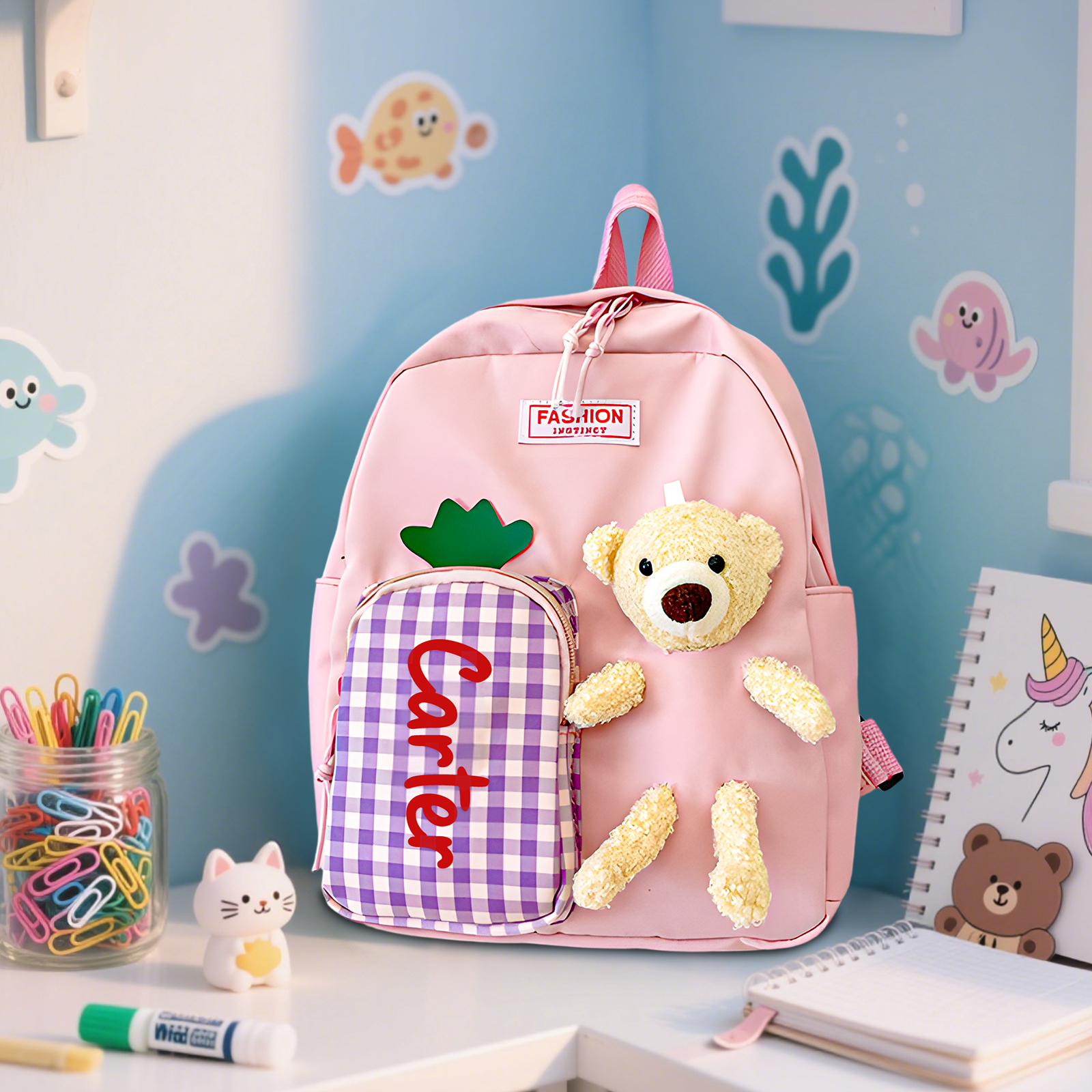 Mochilas escolares para los niños con un peluche de oso 1 nombre personalizado | Jessemade