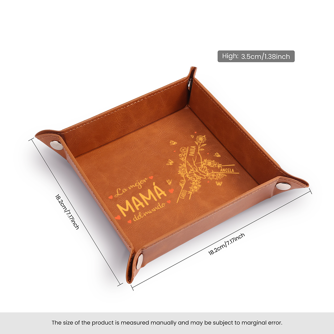 Bandeja vaciabolsillos de cuero personalizada con 2–7 nombres, el mejor regalo para mamá del mundo