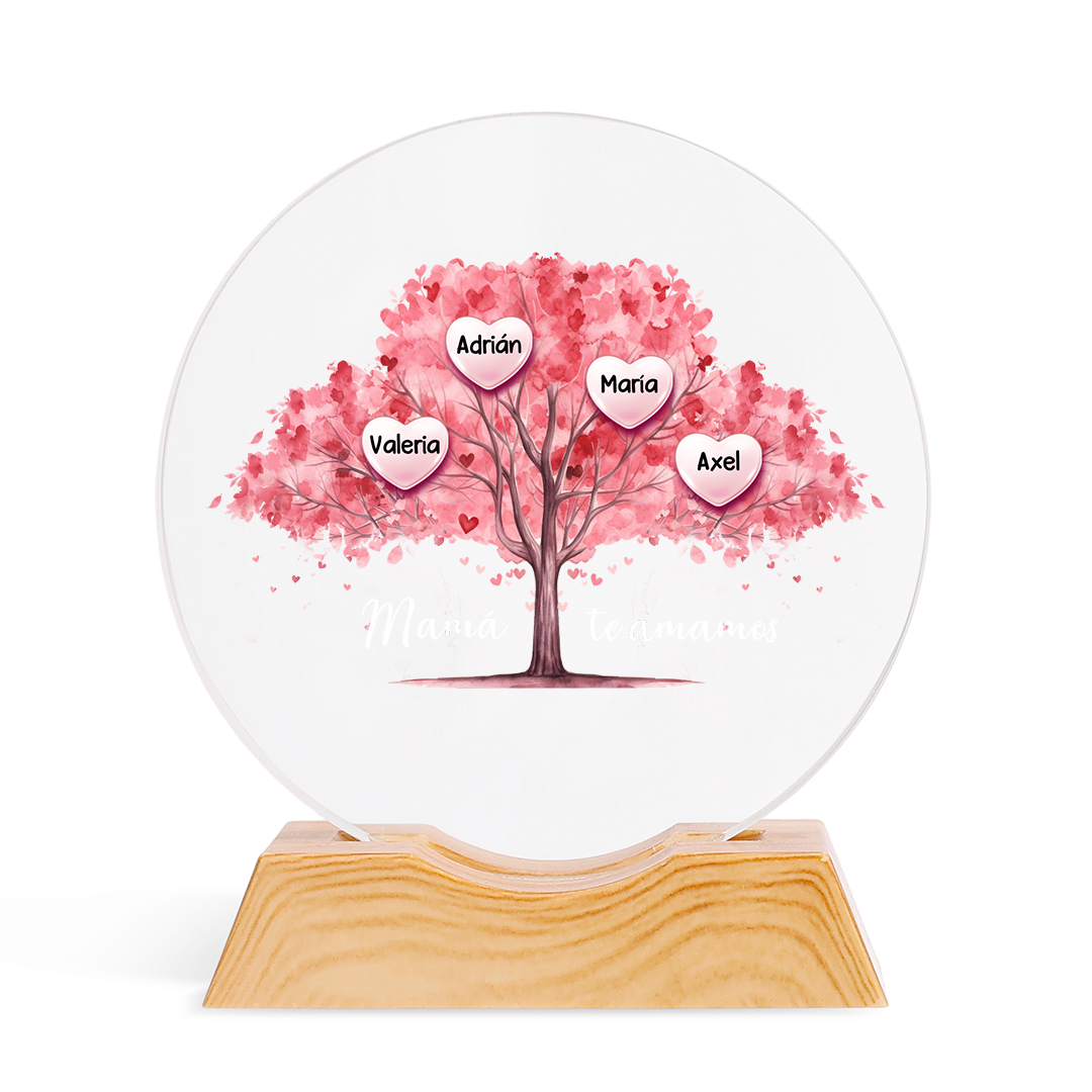 Luz nocturna de cristal LED con árbol genealógico personalizado con 1–7 nombres para mamá