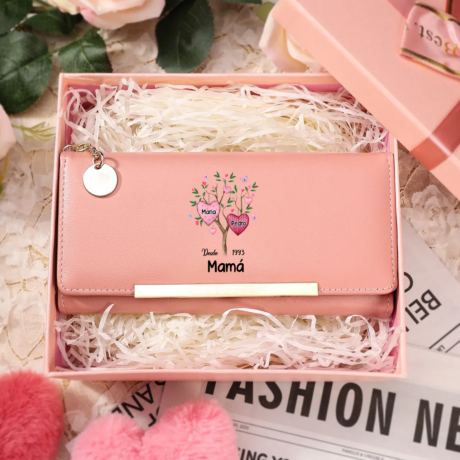 Cartera personalizada para mujer con diseño de árbol genealógico en forma de corazón con 2–8 nombres