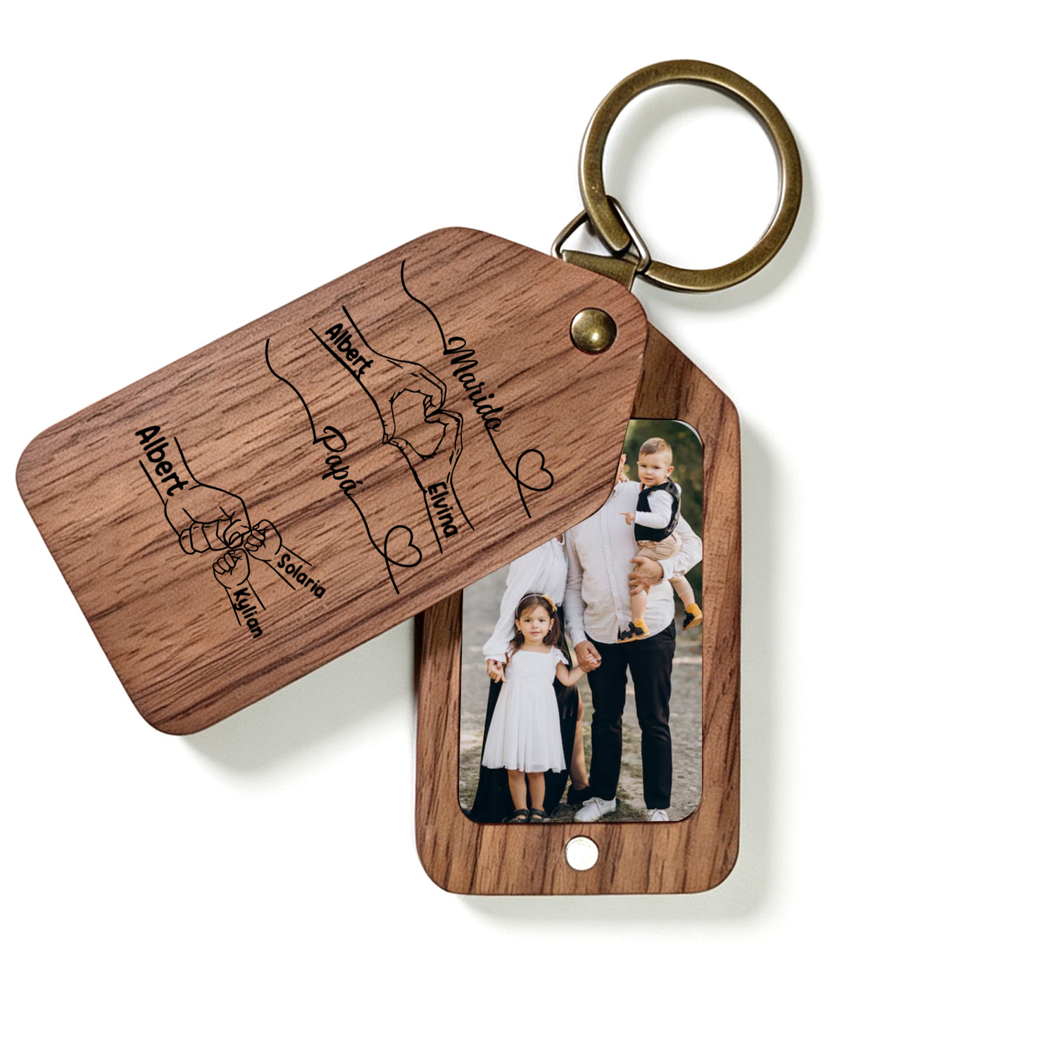 Llavero de madera personalizado con foto, de 2 a 9 nombres y puños para papá o marido