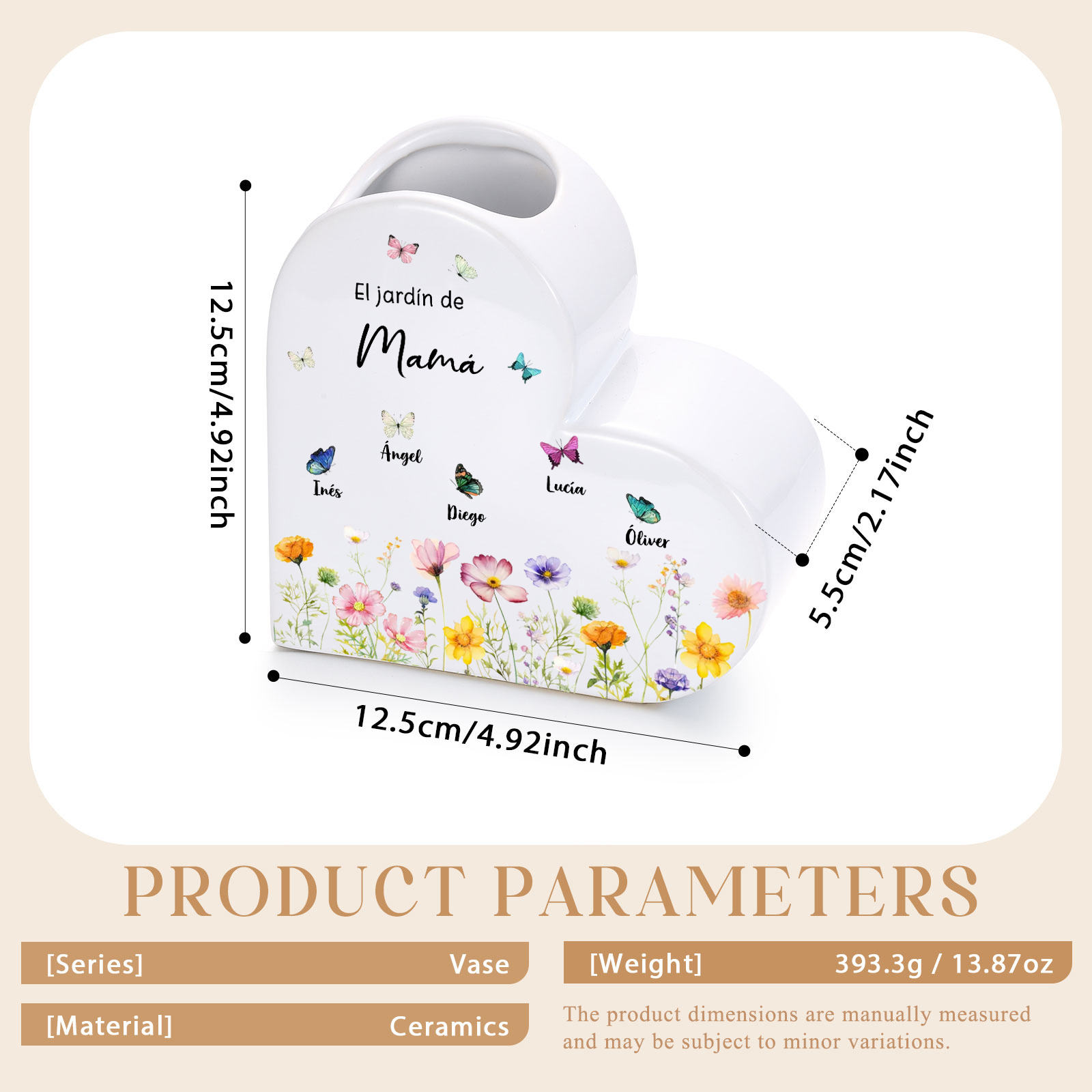 Jarrón de cerámica en forma de corazón personalizado con 1 a 10 nombres y mariposas para mamá o abuela