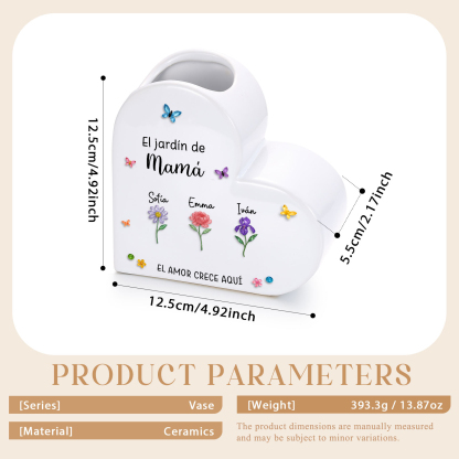 Jarrón de cerámica en forma de corazón personalizado con 1 a 10 nombres y flores de nacimiento para mamá/abuela