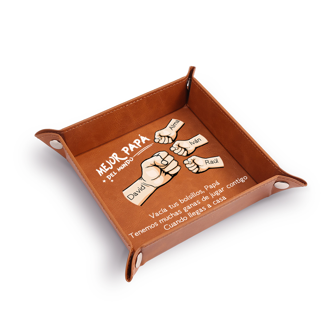 Bandeja vaciabolsillos de cuero personalizada para papá con 1 a 6 nombres y motivo de puño