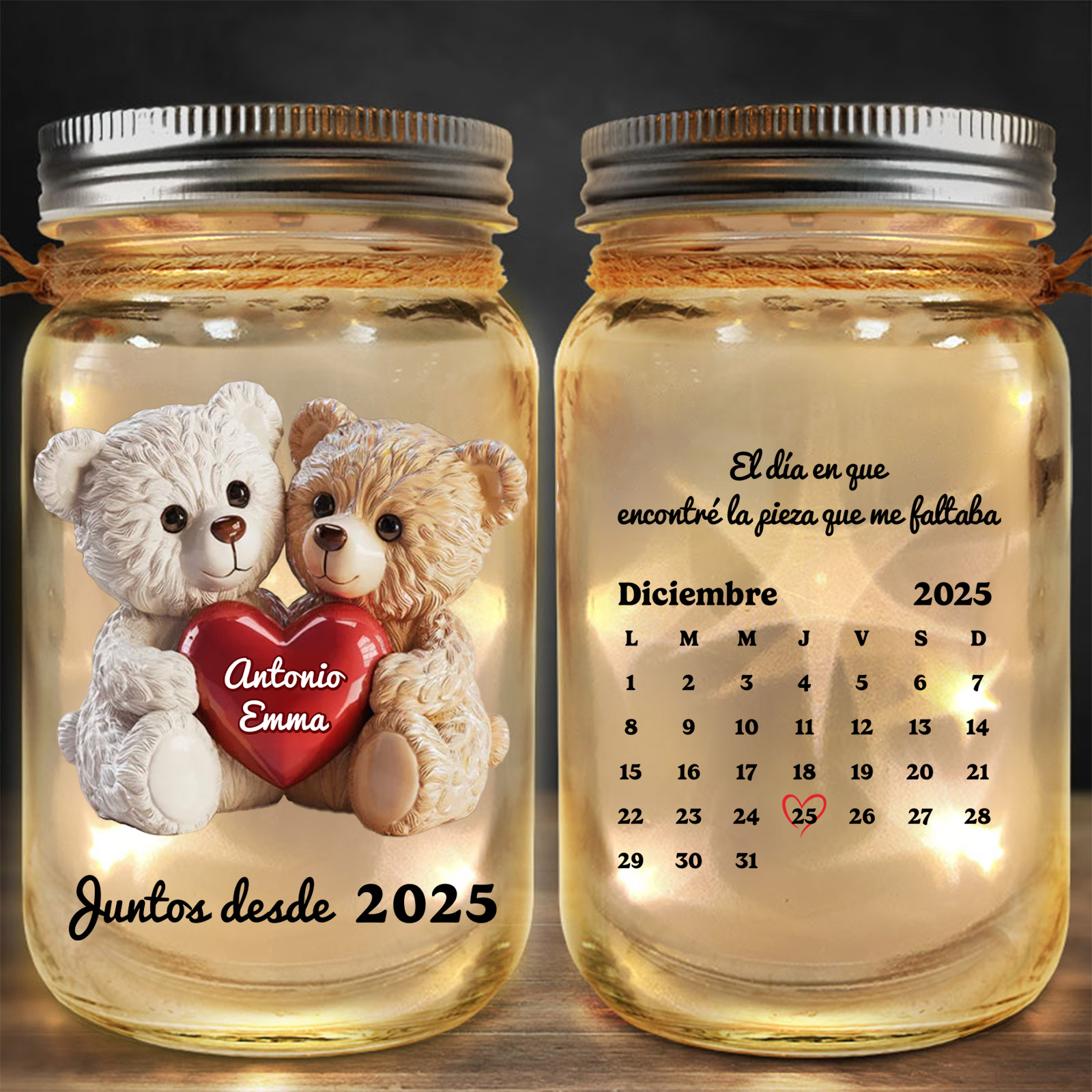 Botella de Lámpara Personalizado con Nombres y Fecha – Ositos románticos y Calendario del día especial de la Pareja