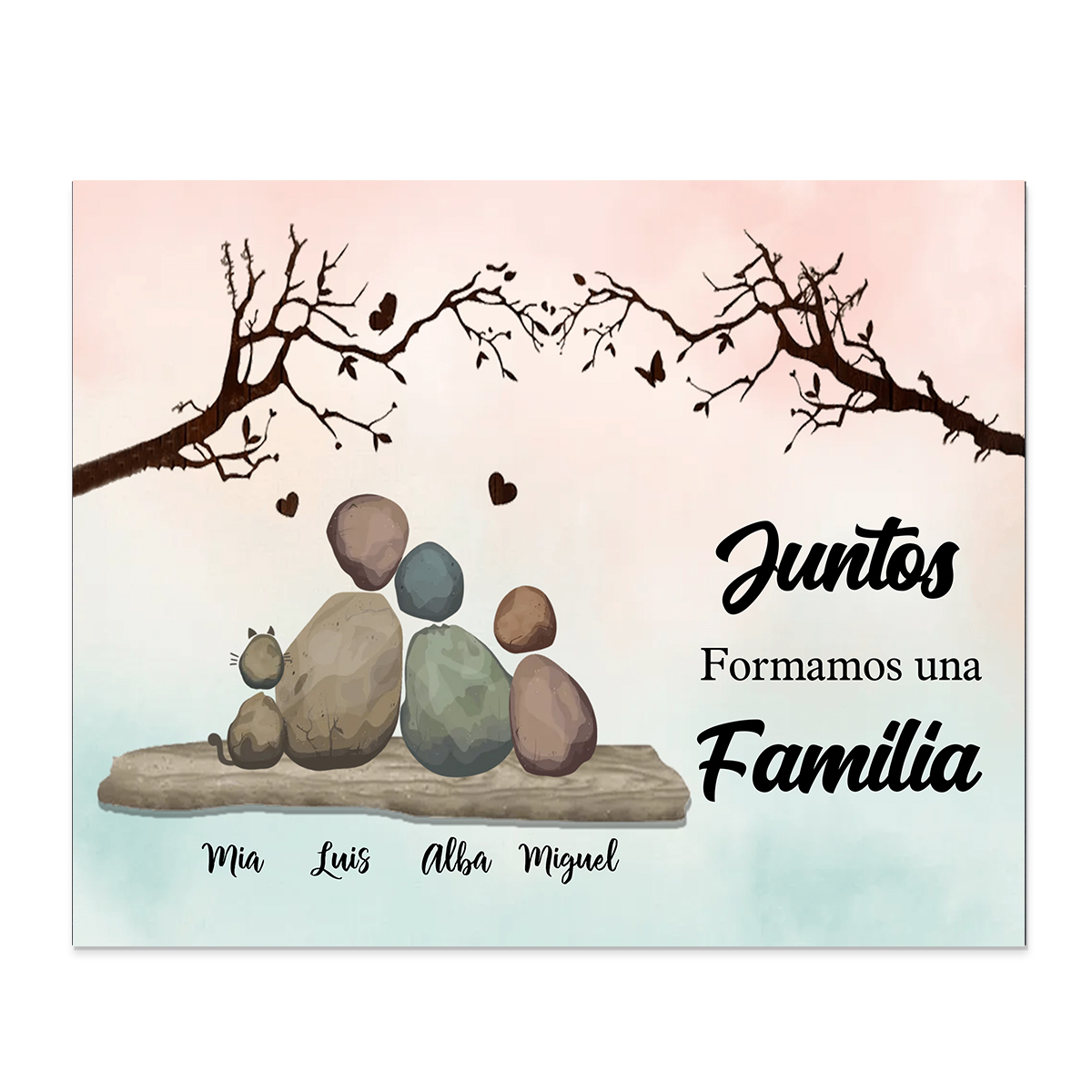 Lámina de madera Personalizado Familia de Guijarros con Nombres para Pareja o Familia – «Juntos formamos una familia»