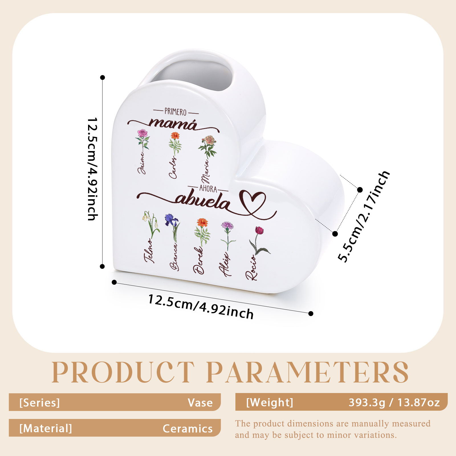 Jarrón de cerámica personalizado con forma de corazón «Primero mamá, ahora abuela», personalizado con 2–10 flores de nacimiento y nombres