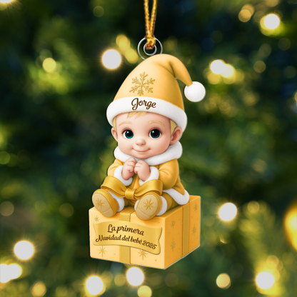 Adorno personalizado para el árbol de Navidad – Bebé sobre un regalo para su primera Navidad