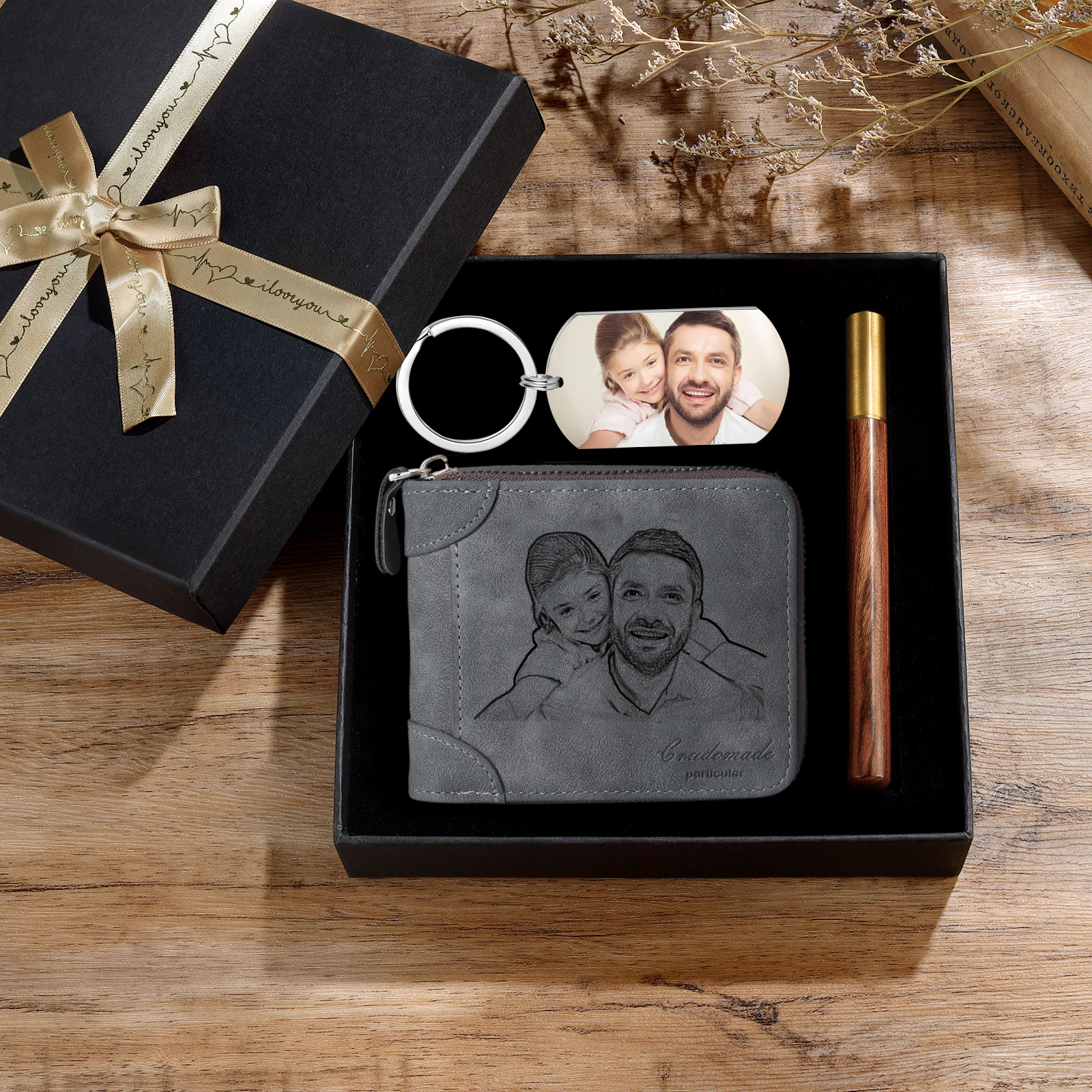 Kit de regalo-Llavero, cartera y bolígrafo con foto y textos personalizados para hombre | Jessemade