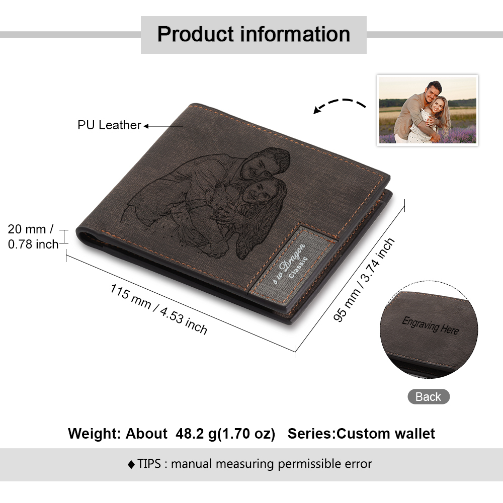 Cartera, billetera de PU cuero personalizada con 1 foto y 3 textos monedero para hombre | Jessemade