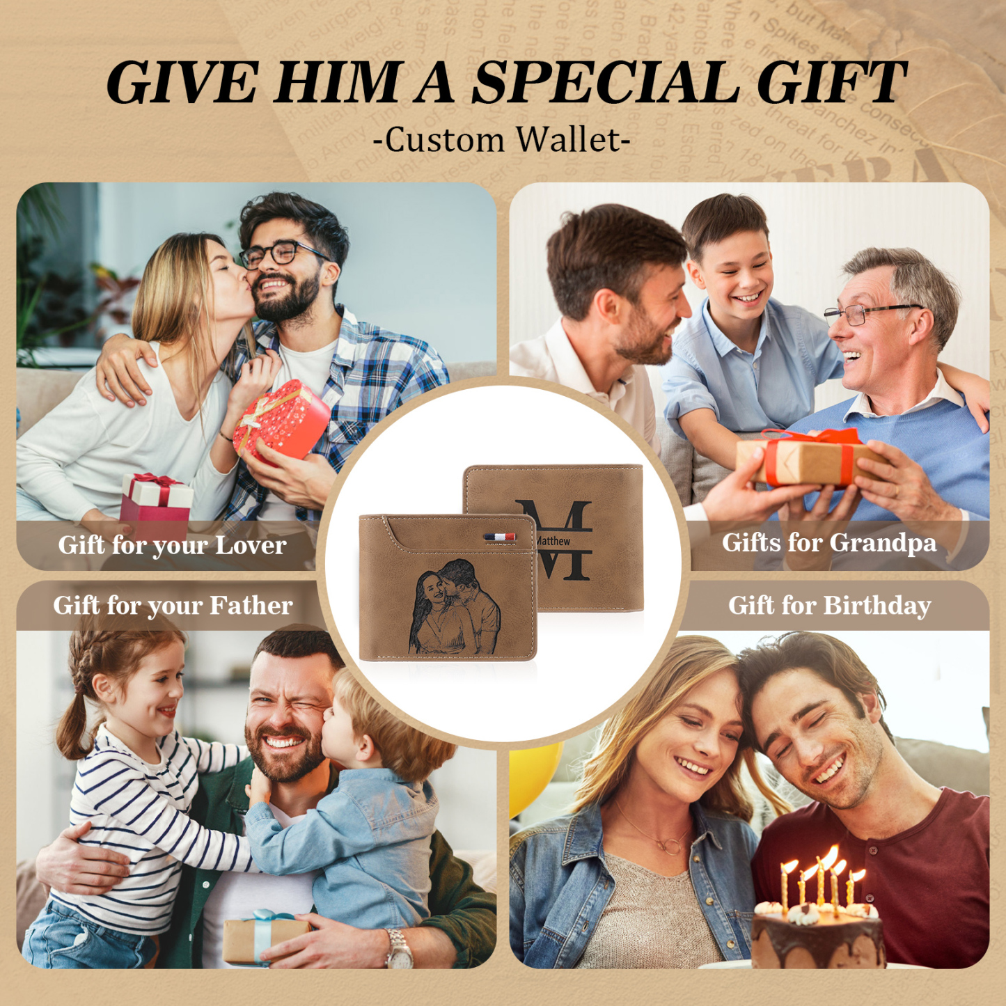 Cartera, billetera multifuncional personalizada con 1 foto, 1 nombre y 1 letra monedero para hombre | Jessemade