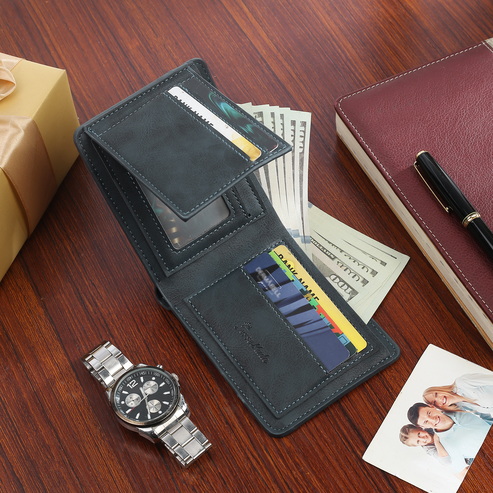 Cartera, billetera multifuncional personalizada con 1 foto, 1 nombre y 1 letra monedero para hombre | Jessemade