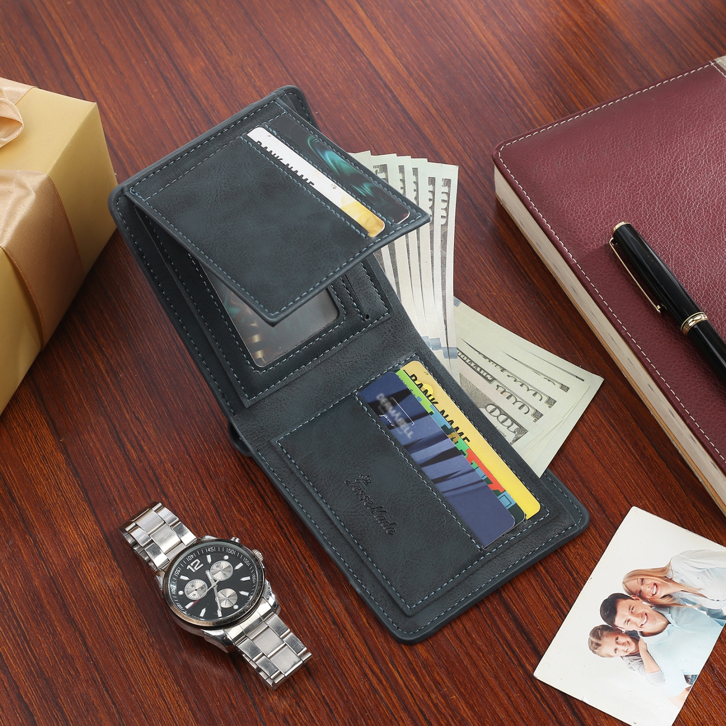Cartera, billetera multifuncional personalizada con 1 foto, 1 nombre y 1 letra monedero para hombre | Jessemade