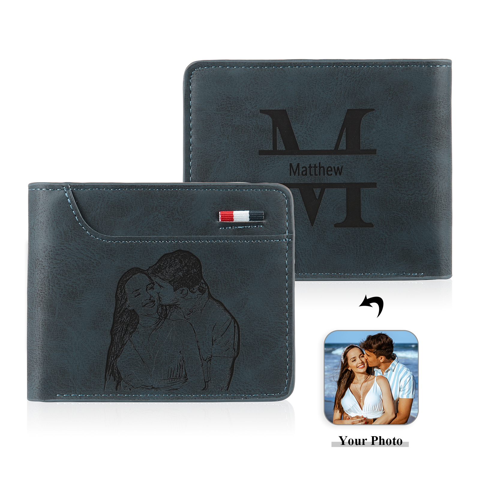 Cartera, billetera multifuncional personalizada con 1 foto, 1 nombre y 1 letra monedero para hombre | Jessemade