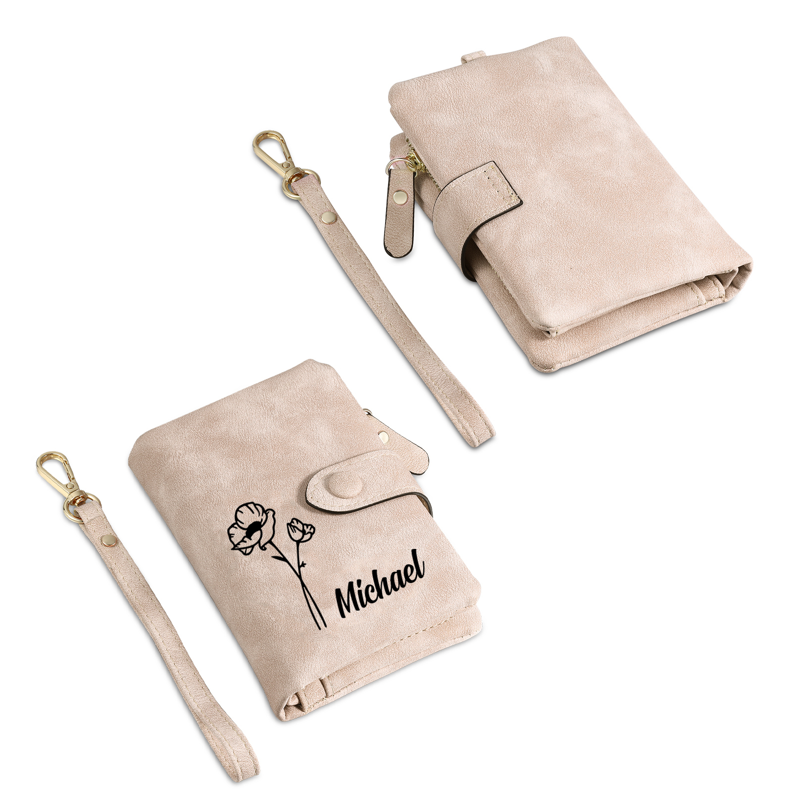Cartera, billetera con 1 nombre y 1 flor de nacimiento personalizados monedero clásico para mujer | Jessemade