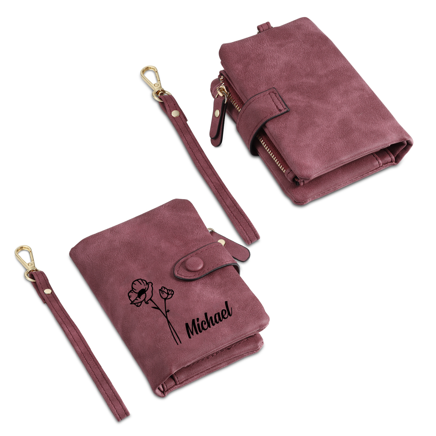 Cartera, billetera con 1 nombre y 1 flor de nacimiento personalizados monedero clásico para mujer | Jessemade
