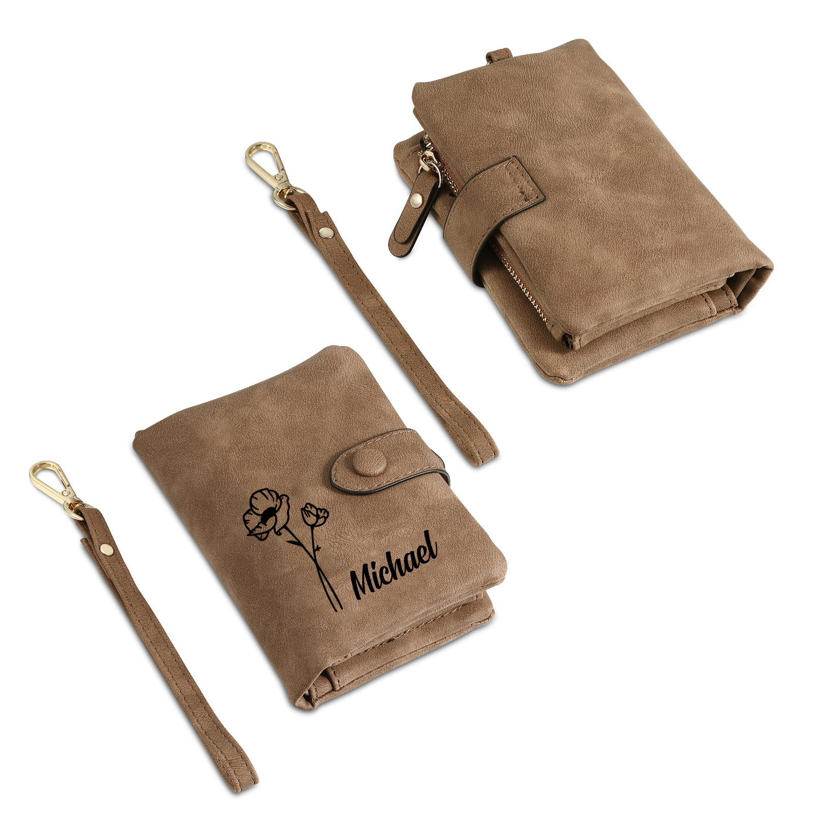 Cartera, billetera con 1 nombre y 1 flor de nacimiento personalizados monedero clásico para mujer | Jessemade
