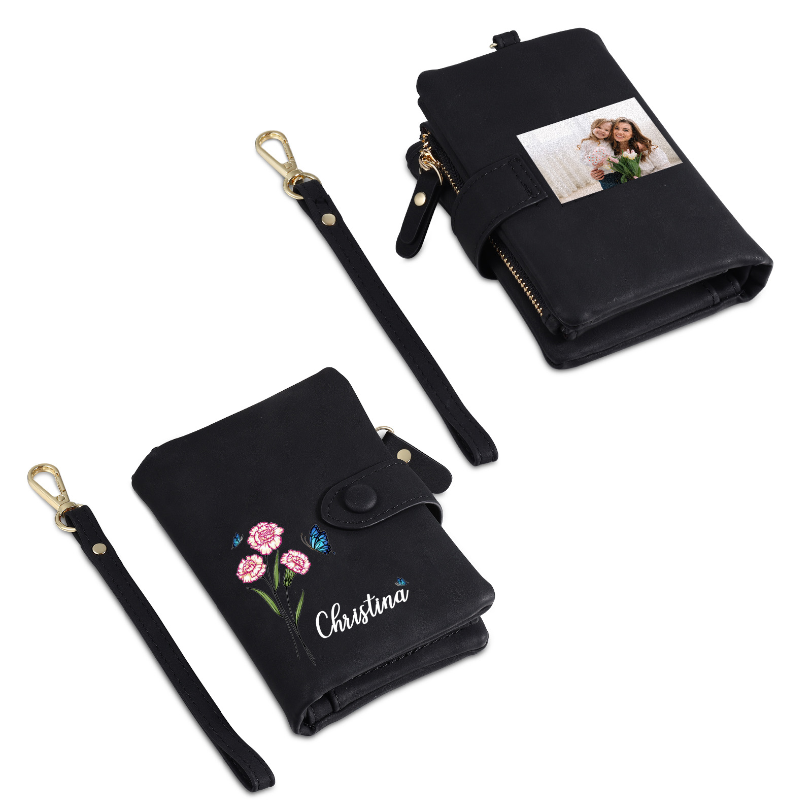Cartera, billetera con nombre, flor de nacimiento y foto personalizados monedero clásico para mujer | Jessemade