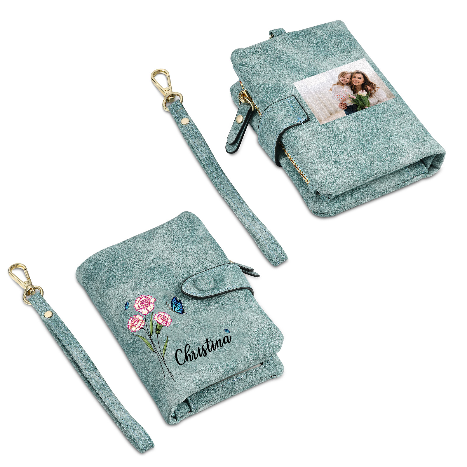 Cartera para Mujer Personalizada con Foto, Nombre y Flor de Nacimiento | Jessemade ES