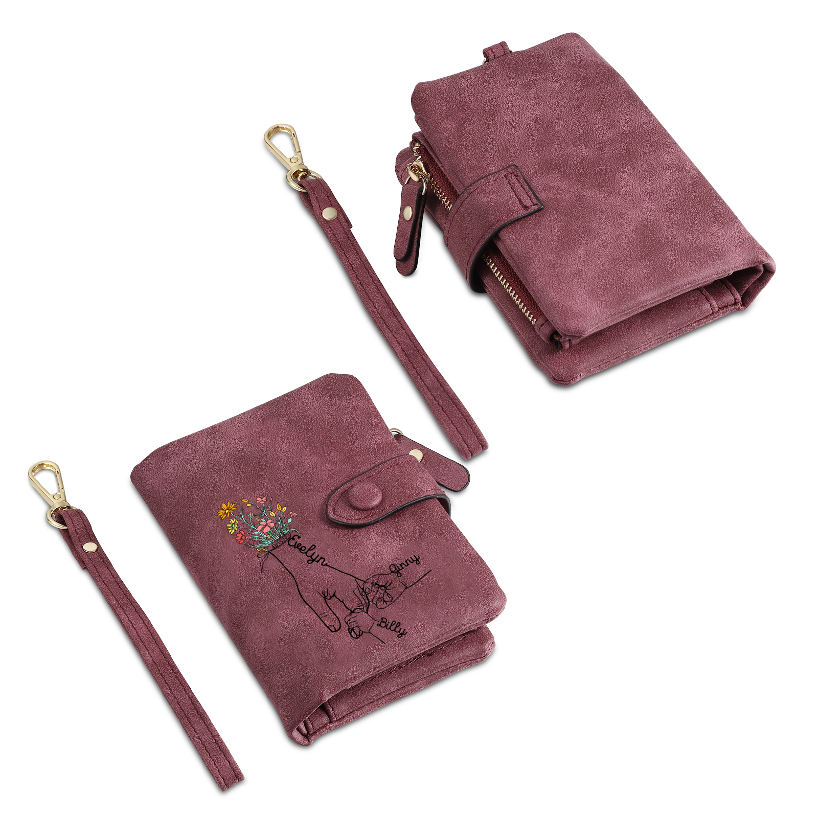 Cartera, billetera mano con mano 3 nombres personalizados monedero clásico para mujer | Jessemade