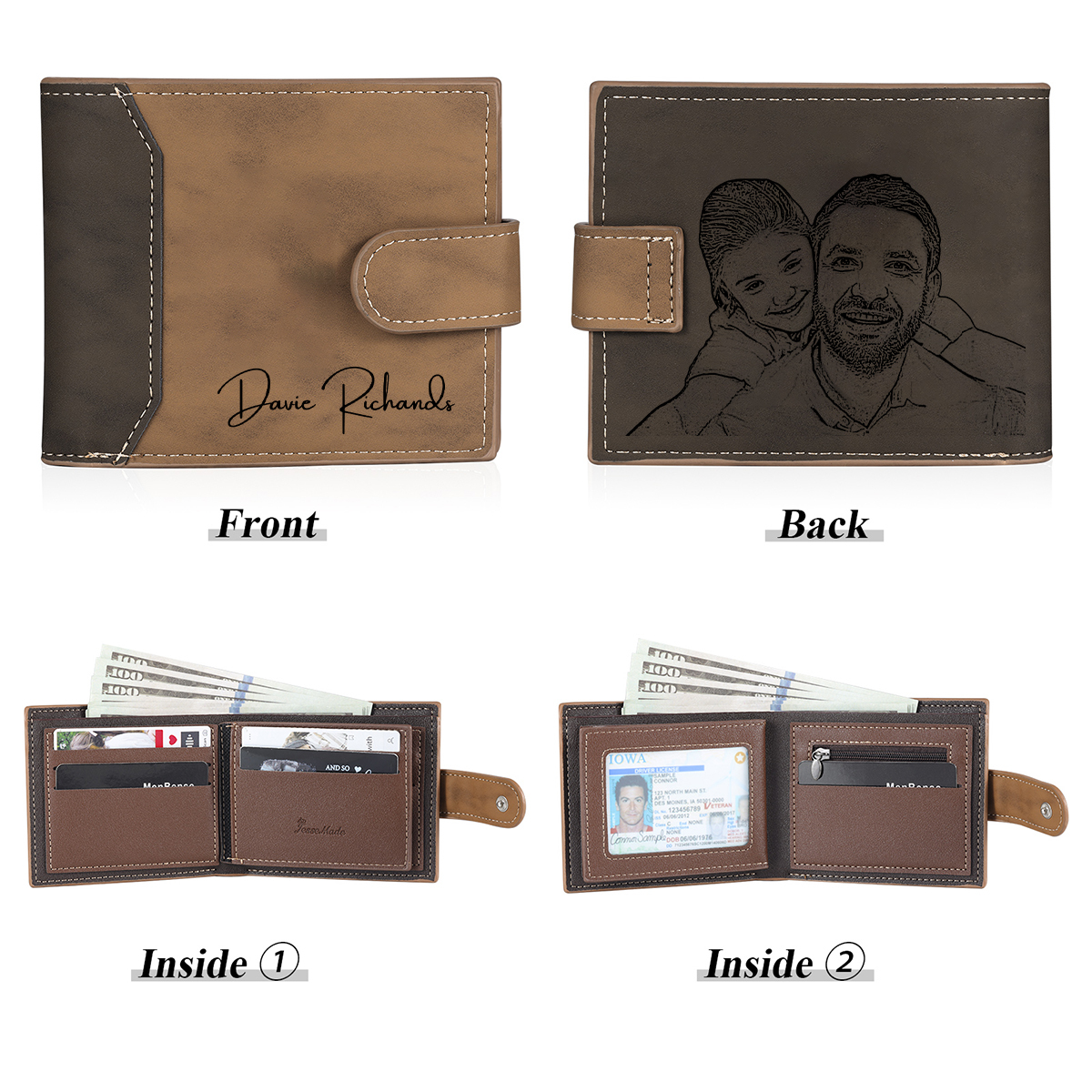 Cartera, billetera con botón personalizada con 1 foto y 1 texto monedero para hombre | Jessemade