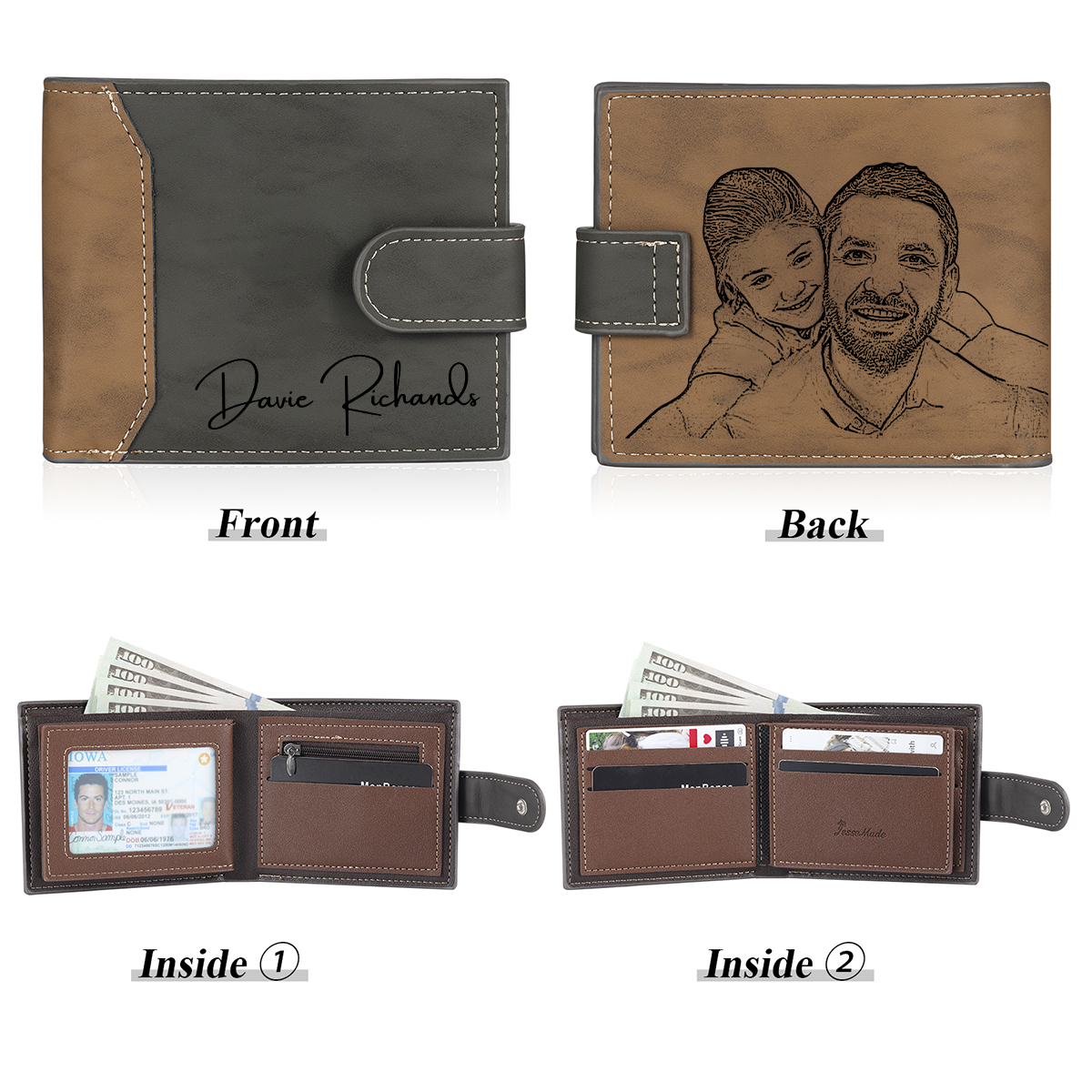 Cartera, billetera con botón personalizada con 1 foto y 1 texto monedero para hombre | Jessemade