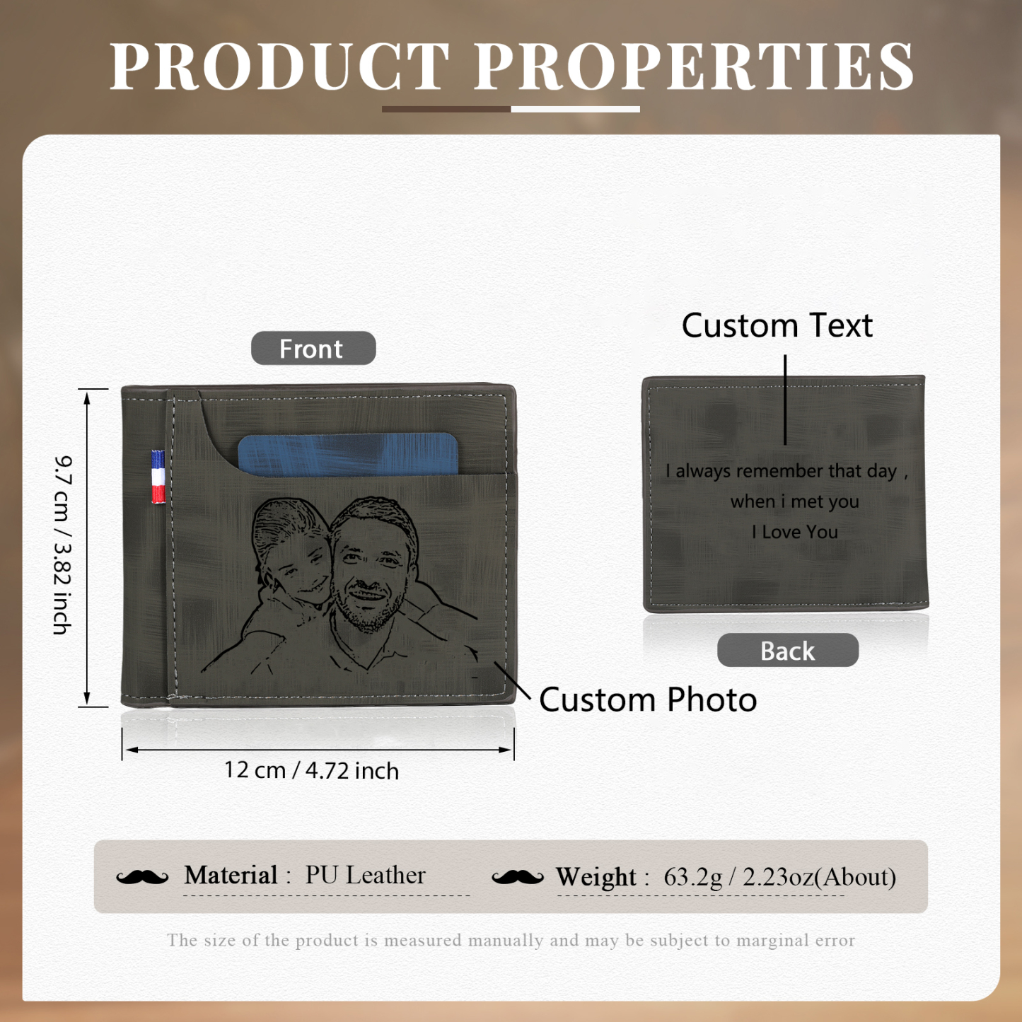 Cartera, billetera de PU cuero personalizada con 1 foto y 3 textos monedero para hombre | Jessemade