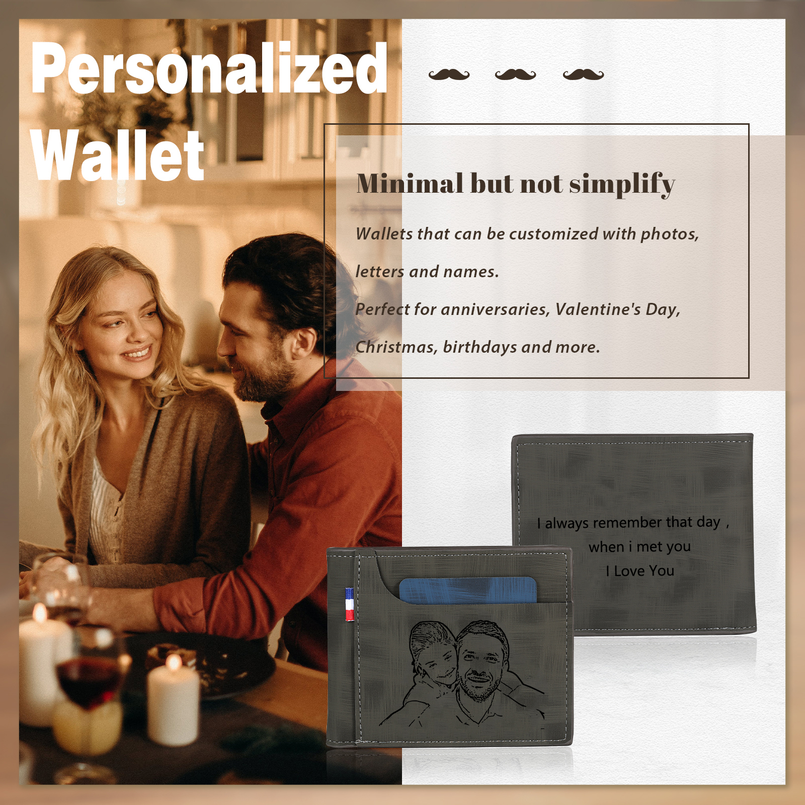 Cartera, billetera de PU cuero personalizada con 1 foto y 3 textos monedero para hombre | Jessemade