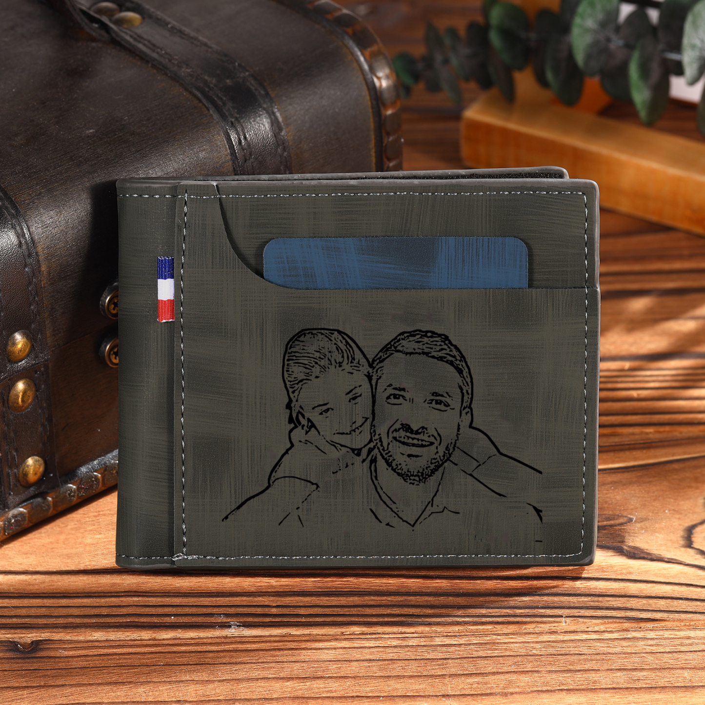 Cartera, billetera de PU cuero personalizada con 1 foto y 3 textos monedero para hombre | Jessemade