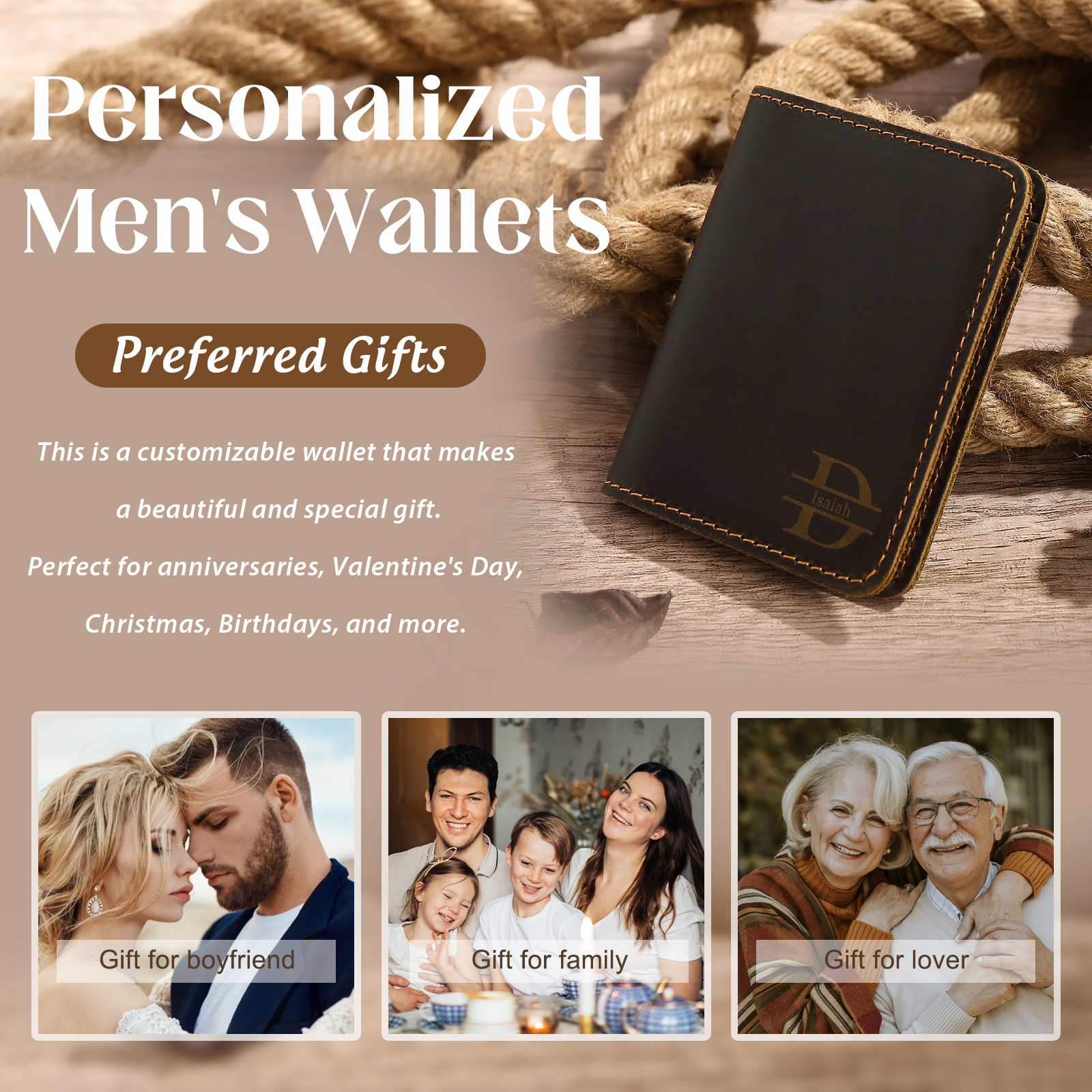 Cartera, billetera personalizada con 1 nombre y 1 letra monedero para hombre