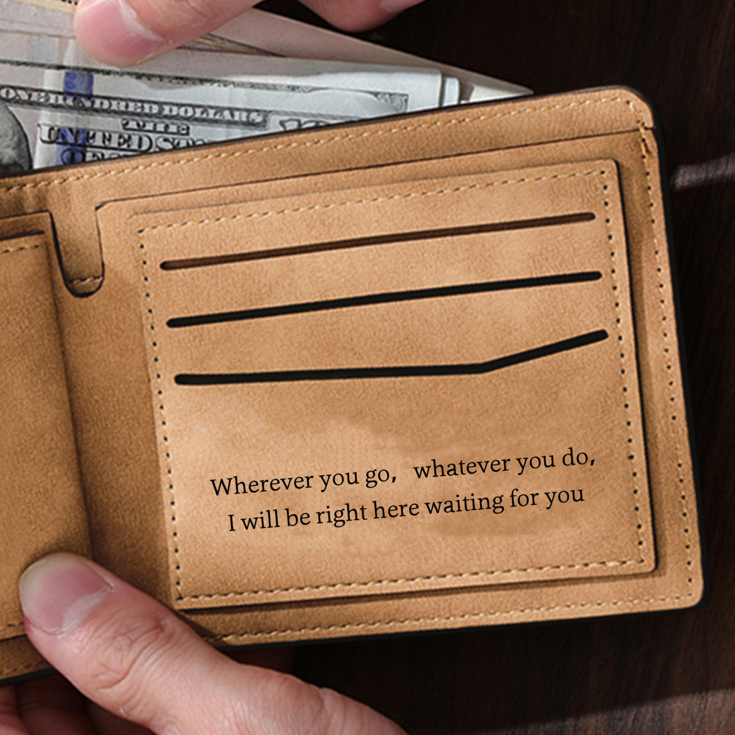 Cartera, billetera con nombre, 2 fotos y 2 textos personalizados, monedero clásico para hombre