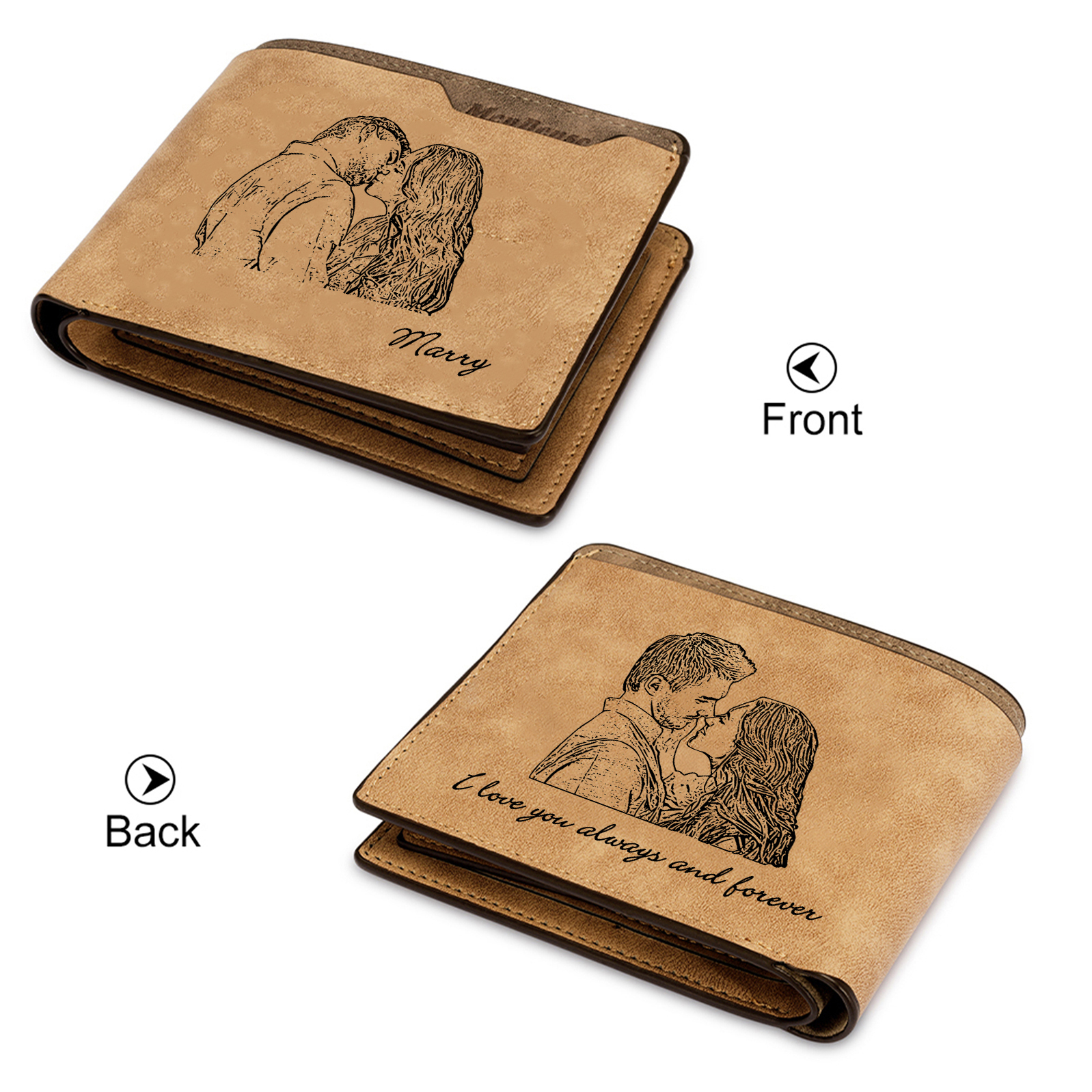 Cartera, billetera con nombre, 2 fotos y 2 textos personalizados, monedero clásico para hombre