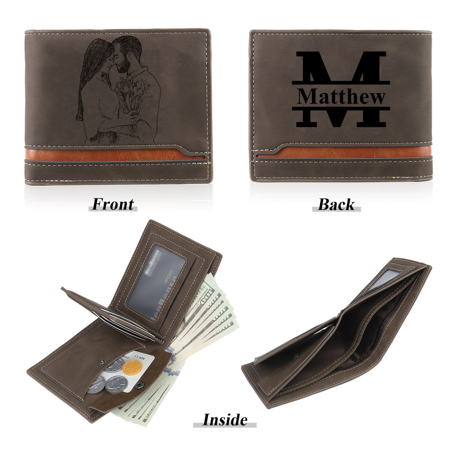 Cartera, billetera multifuncional con 1 foto en la frontal 1 nombre y 1 letra en la trasera monedero personalizado para hombre | Jessemade