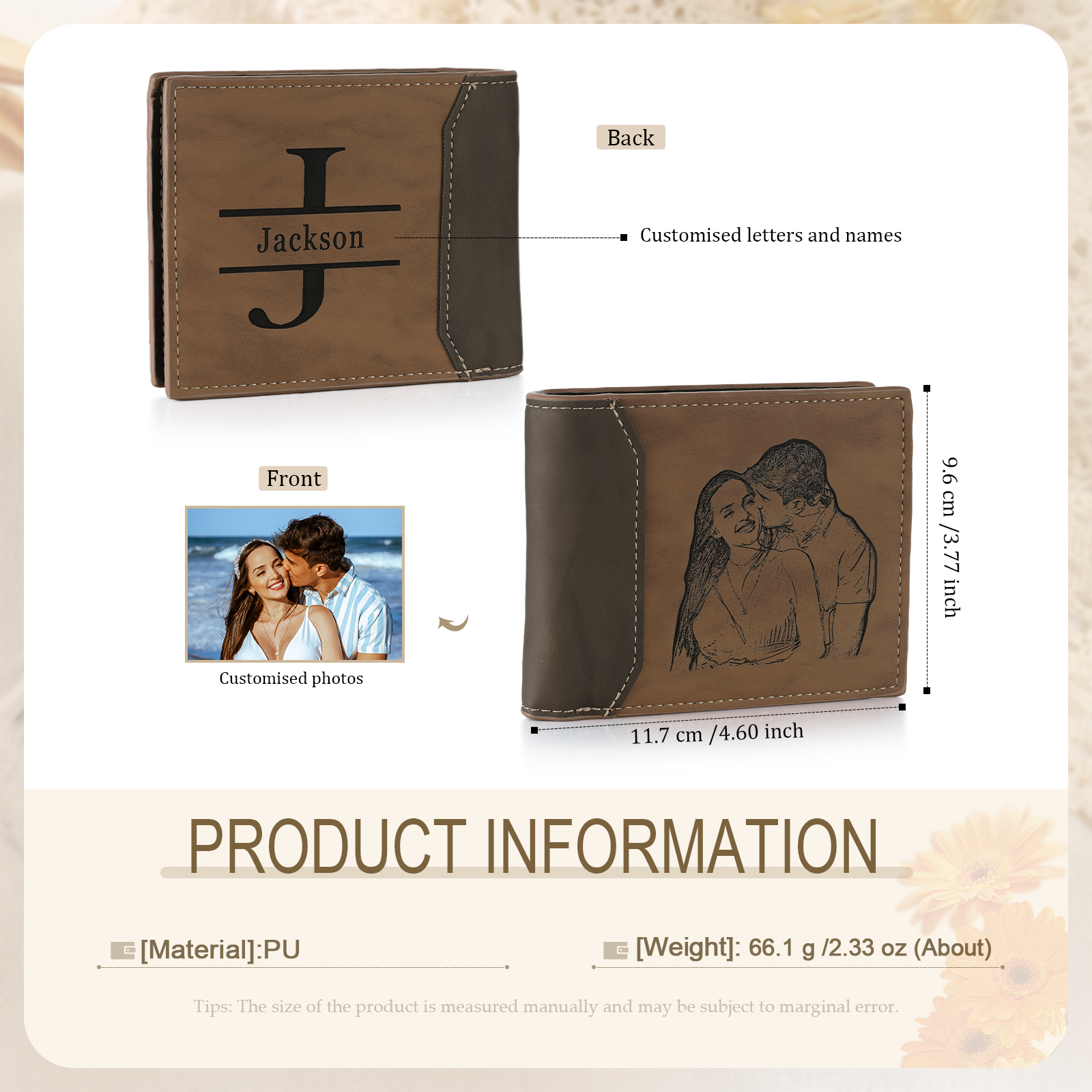 Cartera, billetera personalizada con 1 foto, 1 nombre y 1 letra monedero para hombre | Jessemade