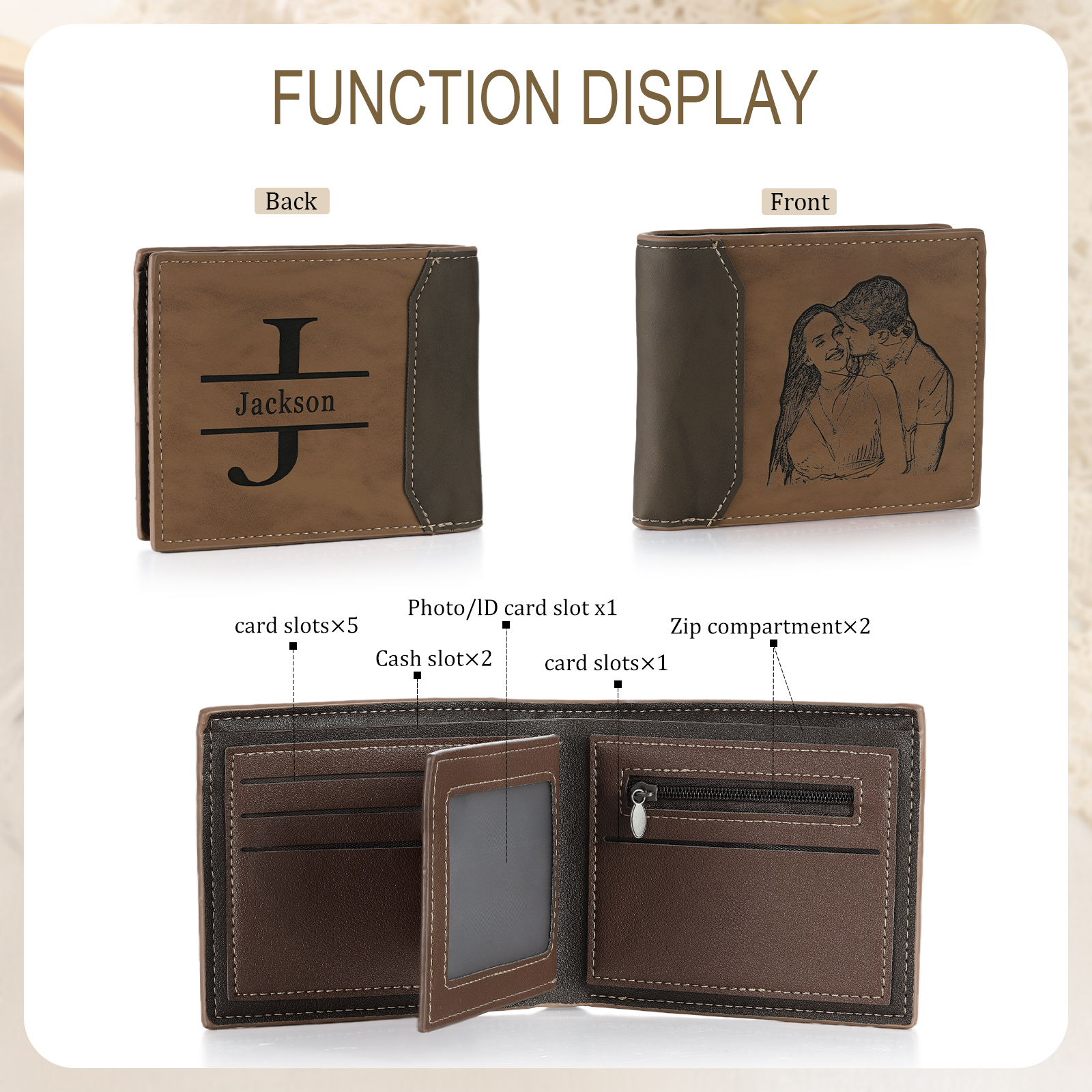 Cartera, billetera personalizada con 1 foto, 1 nombre y 1 letra monedero para hombre | Jessemade