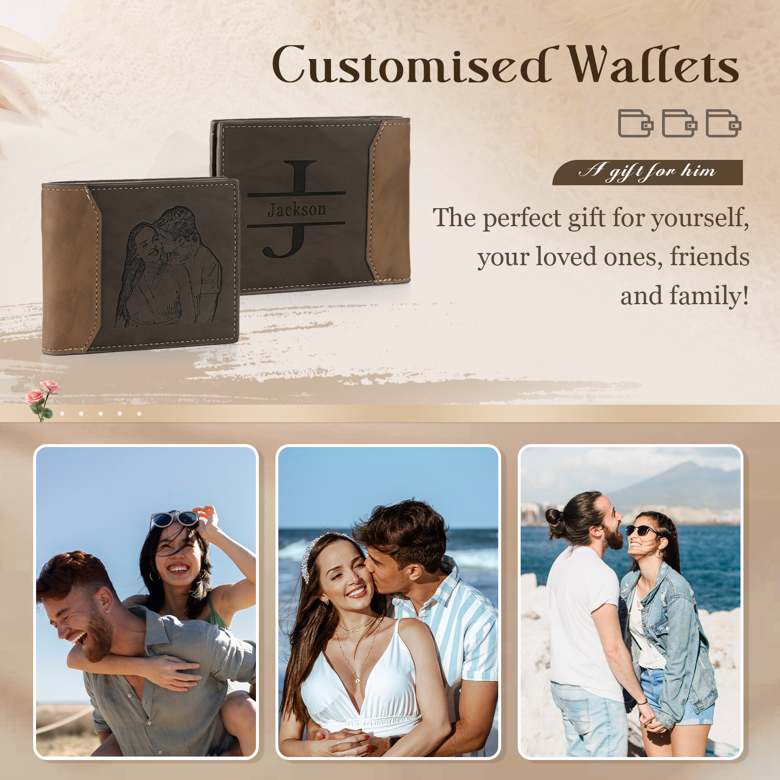 Cartera, billetera personalizada con 1 foto, 1 nombre y 1 letra monedero para hombre | Jessemade