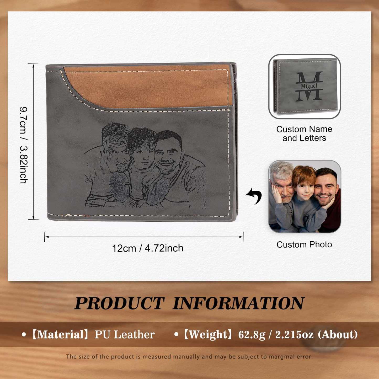 Cartera, billetera bicolor personalizada con 1 foto, 1 nombre y 1 letra monedero para hombre | Jessemade